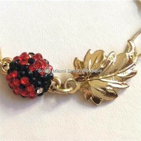 Ladybug Charm Bracelet Red Crystals Gold Plated Insect Lady Bug Leaves 6-8" - Picture 5 of 8